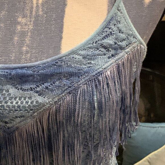Free People light blue tie dye to ombre black lace cami with fringe accents 2 - Picture 10 of 16